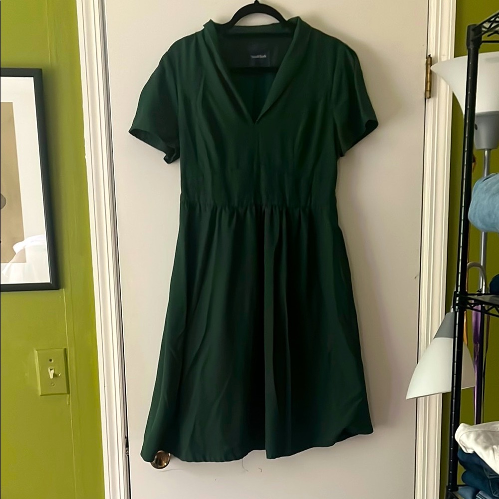 Modcloth Green Collared Fit & Flare Day Dress V-Neck